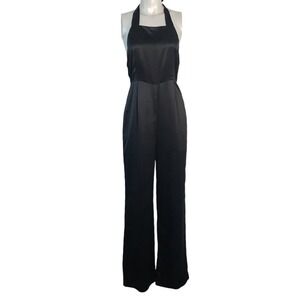 NASTY GAL BLACK SATIN WIDE LEG HALTER‎ JUMPSUIT Size Small